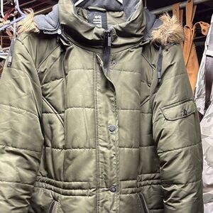 Olive Puffer Jacket with Faux Fur Hood